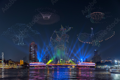 Foto Memorial Bridge in new year drone show and projection mapping during the Vijit Chao Phraya festival performance on the Chao Phraya River in Bangkok, Thailand