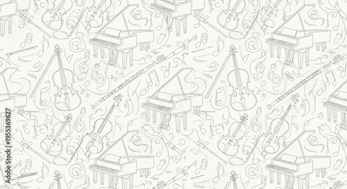 Seamless Musical Pattern with Hand-Drawn Pianos, Violins, and Flutes