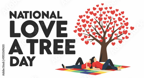 People relaxing under tree with heart shaped leaves on colorful blanket in vibrant playful lighting for environmental conservation