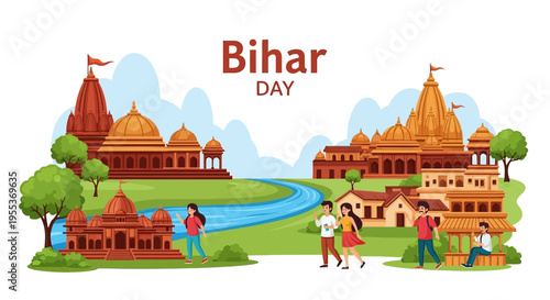 Illustration of people celebrating Bihar Day with cultural buildings and landmarks in a vibrant, traditional Indian setting with a river and trees.