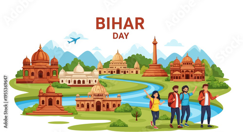 Illustration of people standing in front of a scenic view of Bihar's landmarks on Bihar Day, celebrating the state's foundation with cultural and traditional elements.