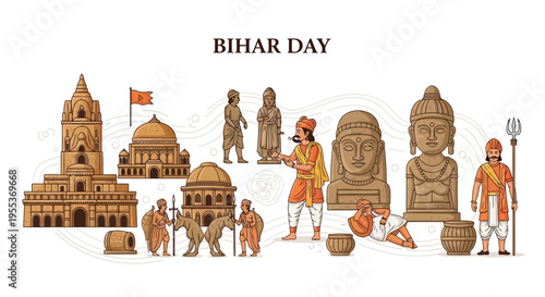 Illustration of Bihar Day celebration with clay sculptures of historical monuments and figures in traditional attire on a white background.