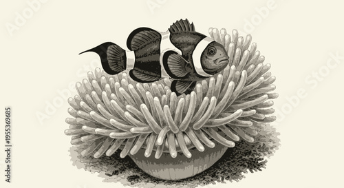 Vintage Engraving Style Illustration of a Clownfish in a Sea Anemone