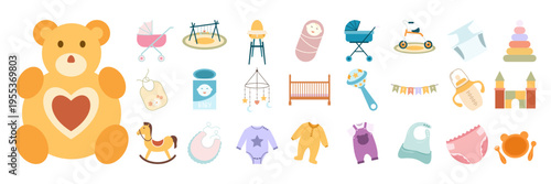 Flat illustration set of baby care essentials nursery furniture and newborn toys collection