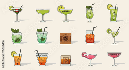 Set of Hand Drawn Cocktail Illustrations and Mixed Drinks