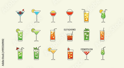 Set of Hand Drawn Cocktail Icons and Mixed Drinks Illustrations