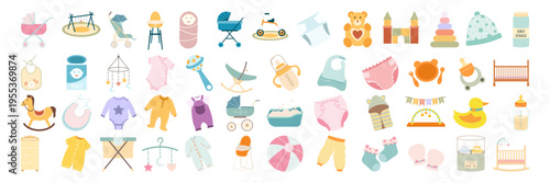 Flat illustration set of baby care essentials nursery furniture and newborn toys collection