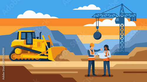 This illustration highlights two construction workers engaged in a discussion at a construction site, symbolizing teamwork, planning, and innovation in building projects.