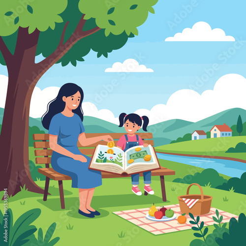 A heartwarming scene of a mother and daughter reading together on a park bench, fostering creativity and bonding moments in a serene outdoor environment.