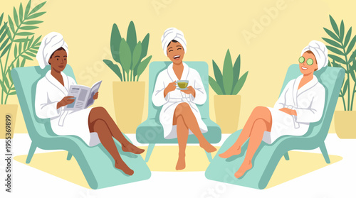 Three friends enjoying a spa day together, embodying relaxation and self-care, as they unwind in a tranquil environment surrounded by natural elements.