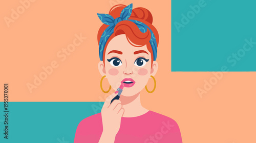 A trendy redhead woman applies lipstick, exuding confidence and charm, in a vibrant setting that highlights her love for beauty and self-care.