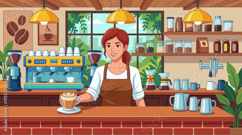 An engaging image of a smiling barista presenting a beautifully crafted coffee in a welcoming café environment, highlighting the joy of coffee making and community.