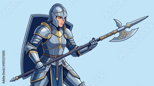 A striking portrayal of a fierce female knight clad in armor, gripping a spear, symbolizing strength, courage, and empowerment within a fantastical context.
