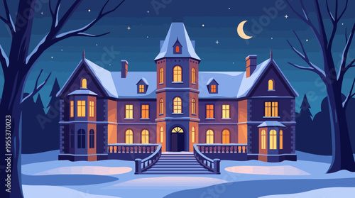 A grand mansion is illuminated against a snowy backdrop at night, complete with twinkling stars. This scene evokes feelings of mystery, wonder, and holiday magic.