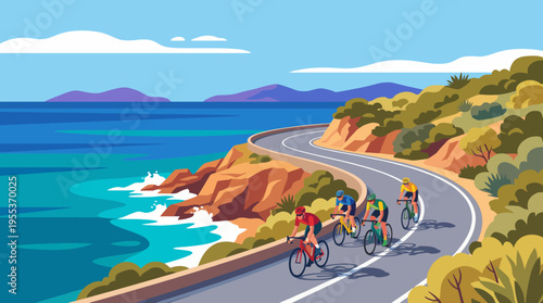 An inspiring depiction of cyclists traversing a scenic coastal road, showcasing the beauty of nature and the exhilaration of outdoor sports amid stunning landscapes.