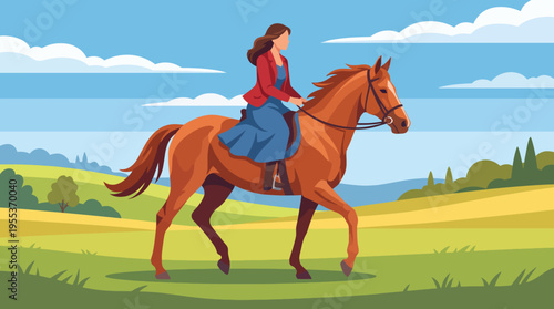 A woman elegantly rides a brown horse through a beautiful green landscape, embodying freedom, connection with nature, and the joy of horseback riding in open fields.