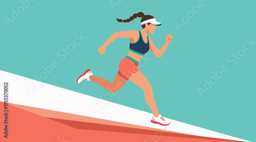 A dynamic illustration of a woman running energetically on a colorful background, embodying fitness, determination, and the spirit of sportsmanship in a playful artistic style.