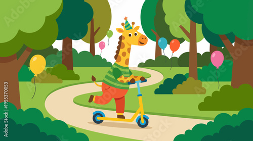 A joyful cartoon giraffe rides a scooter down a green park path, surrounded by cheerful balloons, symbolizing fun, adventure, and childlike enthusiasm in a playful setting.