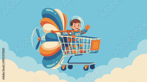 An imaginative illustration of a child dressed as an astronaut soaring through the clouds in a shopping cart, capturing the essence of childhood dreams and adventure in a whimsical setting.