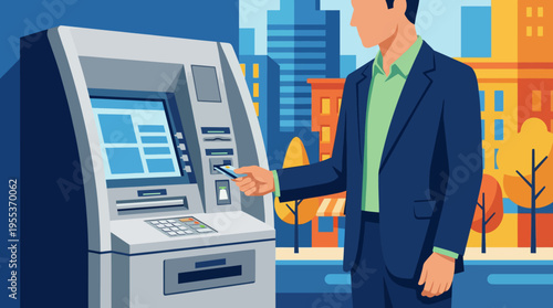 A sleek digital illustration of a businessman interacting with an ATM in a modern urban background, representing convenience and the hustle of contemporary financial transactions.
