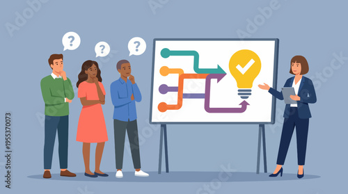 A group of diverse professionals engaging in a business discussion, with visuals on a presentation, showcasing teamwork, collaboration, and innovative thinking in an office setting.