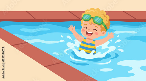 A happy child with curly hair and green goggles playing in a pool, showcasing joy and summer fun. Water splashes around as he enjoys his playful moment in the sun.