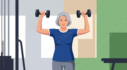 A motivational illustration of an elderly woman confidently lifting weights, symbolizing strength, resilience, and healthy living for seniors in an inspiring and vibrant setting.