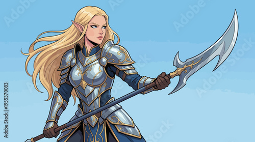 A fierce female warrior depicted with long hair and a detailed spear, embodying strength, courage, and determination in a captivating fantasy illustration, set against a pale backdrop.