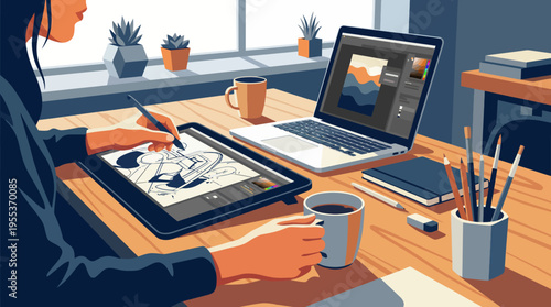 A focused artist engages with a digital tablet while illustrating in a bright workspace, showcasing the modern fusion of creativity and technology in art.