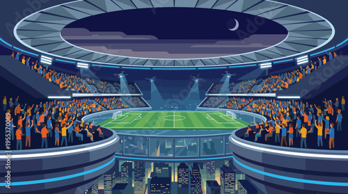 A bustling stadium at night filled with cheering fans, showcasing the excitement of a sports event, illuminated by bright lights and offering a captivating view of the field.