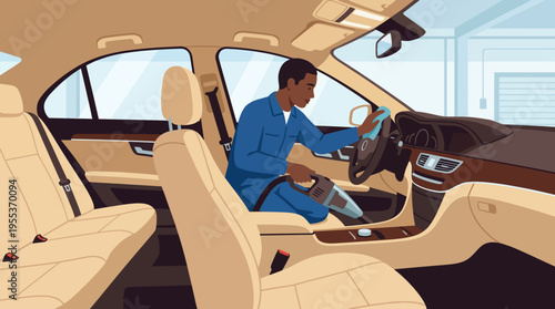 A dedicated car detailer meticulously cleans the interior of a vehicle, illustrating the significance of cleanliness and professionalism in automotive care.