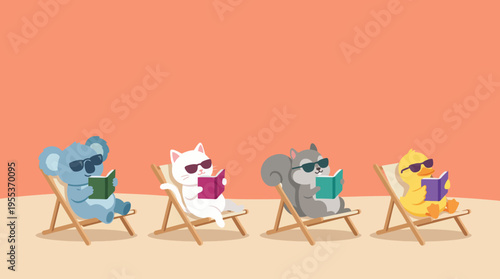 A delightful scene featuring cute animals in sunglasses, reclining and reading books under the sun, capturing a joyful and relaxed moment of leisure.