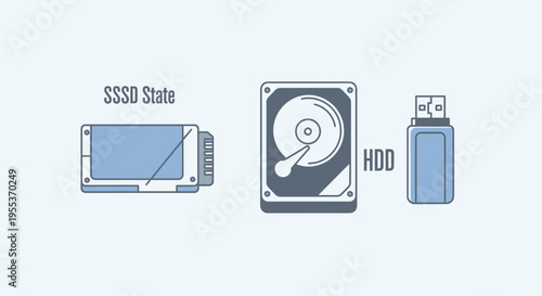 Digital Storage Media Icons Set: SSD, HDD, and USB Flash Drive