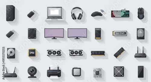 Set of Computer Hardware and Gaming Peripherals Icons