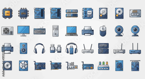 Set of Computer Hardware and Digital Device Icons