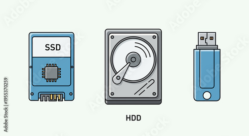 Set of Computer Data Storage Hardware Icons: SSD, HDD, and USB Flash Drive