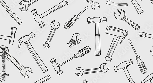 Seamless Pattern of Hand Tools Hammers and Wrenches