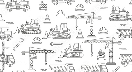 Seamless Pattern of Construction Machinery and Building Equipment Line Art
