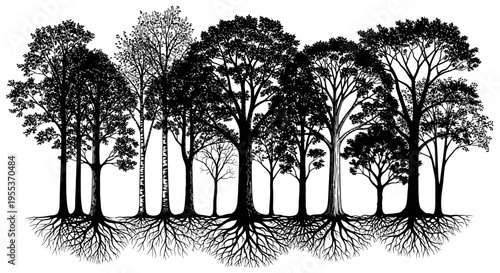 Diverse tree silhouettes with roots on white background ecology and nature concept