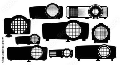Various air conditioner and heater ventilation grilles in black and white on a plain background