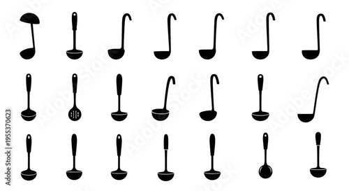 Collection of various black ladle icons on white background for cooking and kitchen utensils
