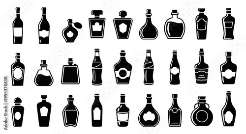 Collection of various liquor and perfume bottle icons in black and white isolated on a plain background for design and branding purposes