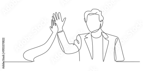 A single continuous line drawing of a person giving a high five to celebrate a shared success task Vector, illustration