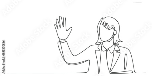 A continuous line drawing of a woman in a business suit waving her hand to greet someone politely Vector, illustration