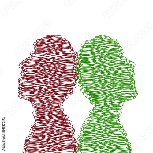 Biopolar disorder concept: dual mind metaphor. two head silhouettes showing contrasting mental states. mental health and psychology. tangled vs clear thought patterns. Vector and PNG