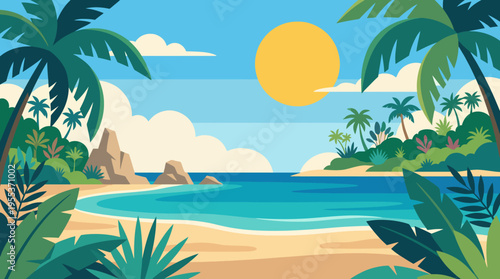 A vibrant illustration depicting a picturesque tropical beach with palm trees, golden sands, and turquoise waters, perfectly encapsulating a serene and relaxing getaway vibe.
