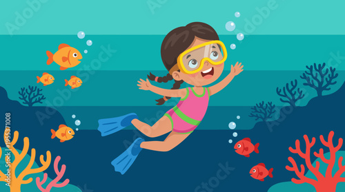 This lively image captures a joyful girl swimming underwater among colorful fish and coral, showcasing fun and excitement in an aquatic environment full of life.