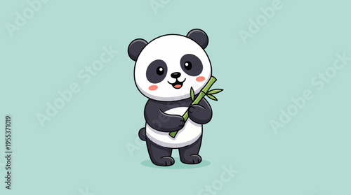 An adorable cartoon panda standing happily with a piece of bamboo, showcasing the playful essence of wildlife and emphasizing the joy found in the animal kingdom.