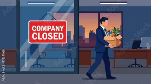 This illustration depicts a businessman leaving the office with a box of personal items, signifying the impact of company closure on individuals and their careers.