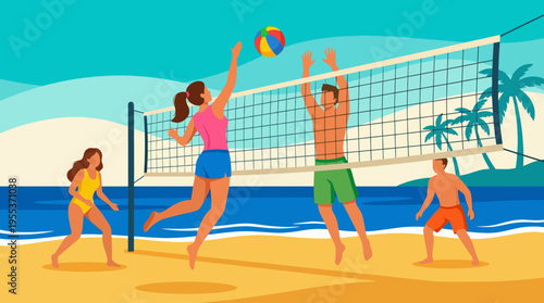 This energetic scene depicts friends playing beach volleyball, capturing the essence of summer fun and teamwork on a sunny day by the ocean shore.